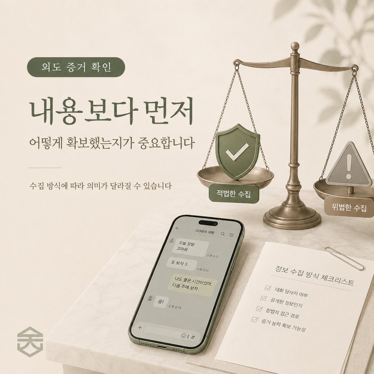불륜증거는 내용보다 먼저 어떻게 확보했는지가 중요하다는 합법적 수집 방식 안내 이미지
