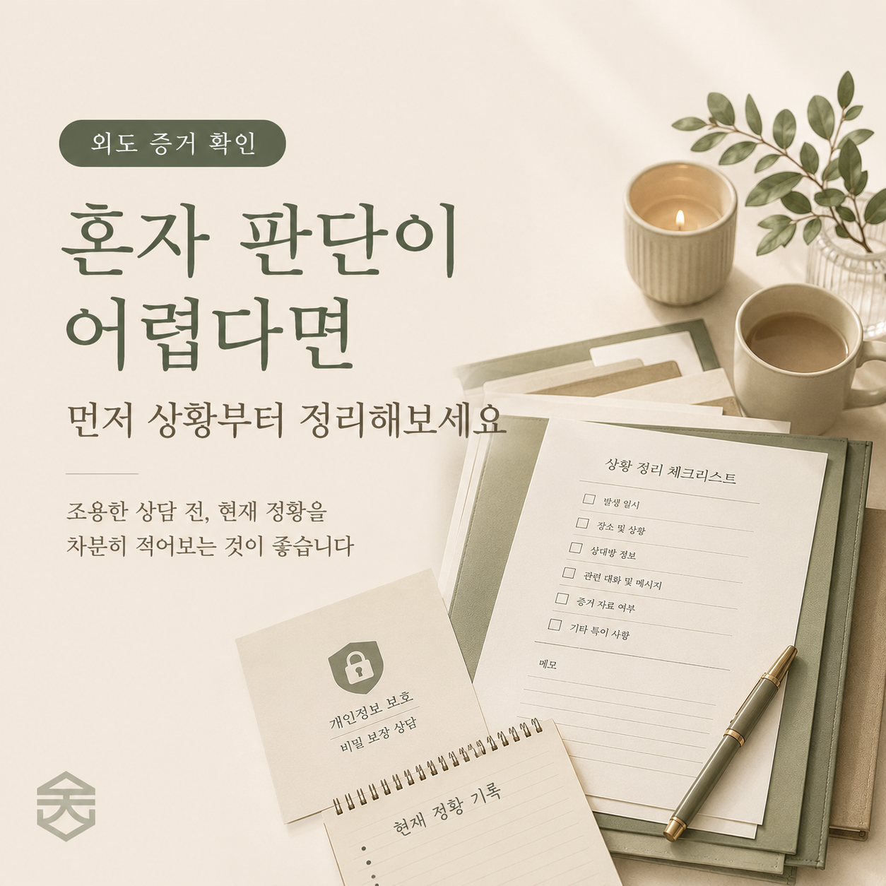 상간녀증거 판단이 어렵다면 먼저 현재 상황을 정리하고 조용히 상담해보라는 안내 이미지