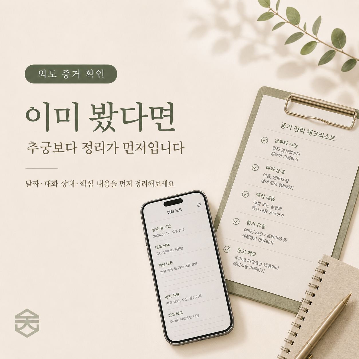 외도증거를 이미 봤다면 추궁보다 날짜 대화 상대 핵심 내용을 먼저 정리해야 한다는 체크리스트 이미지