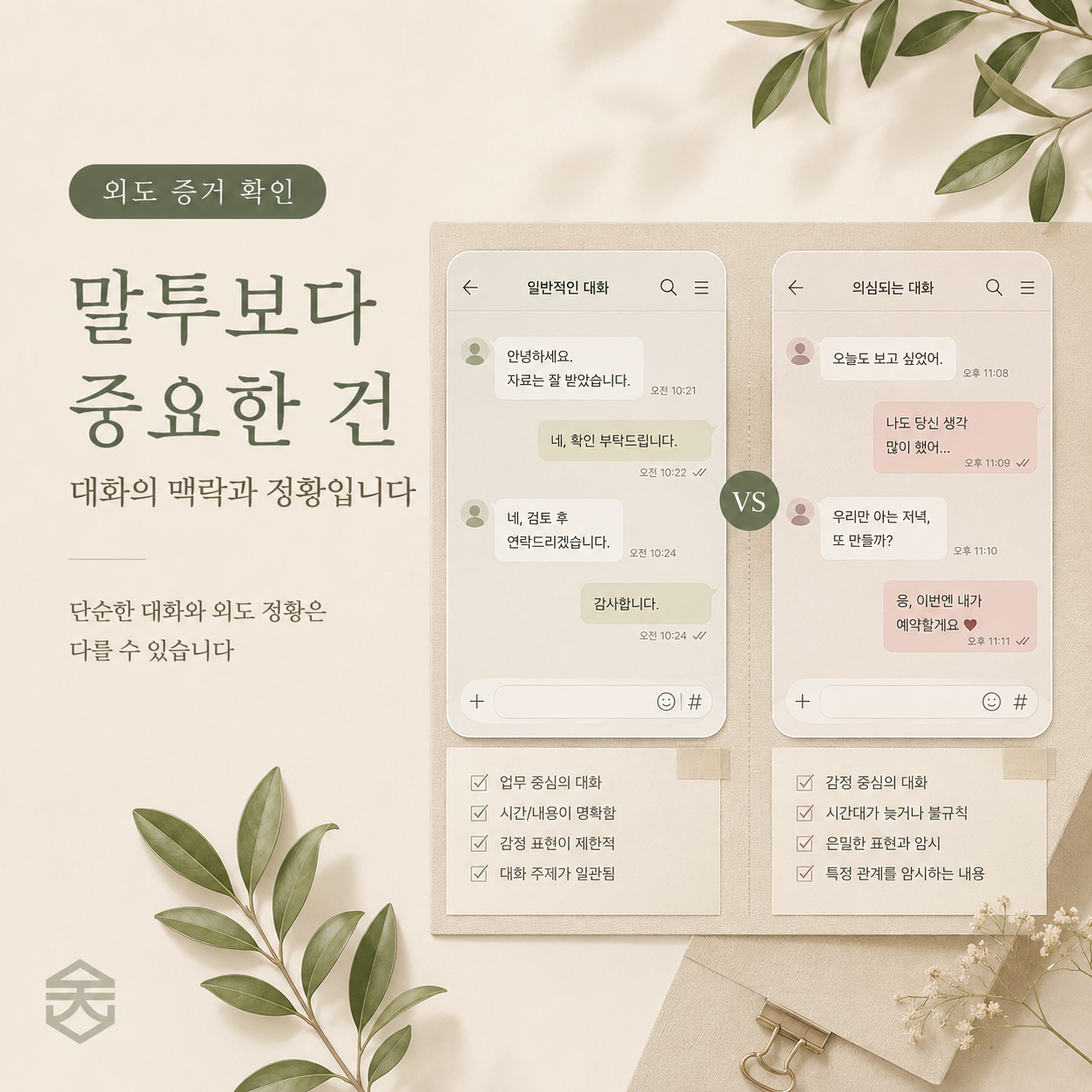 카카오톡 불륜증거는 말투보다 대화의 맥락과 정황이 중요하다는 비교 이미지